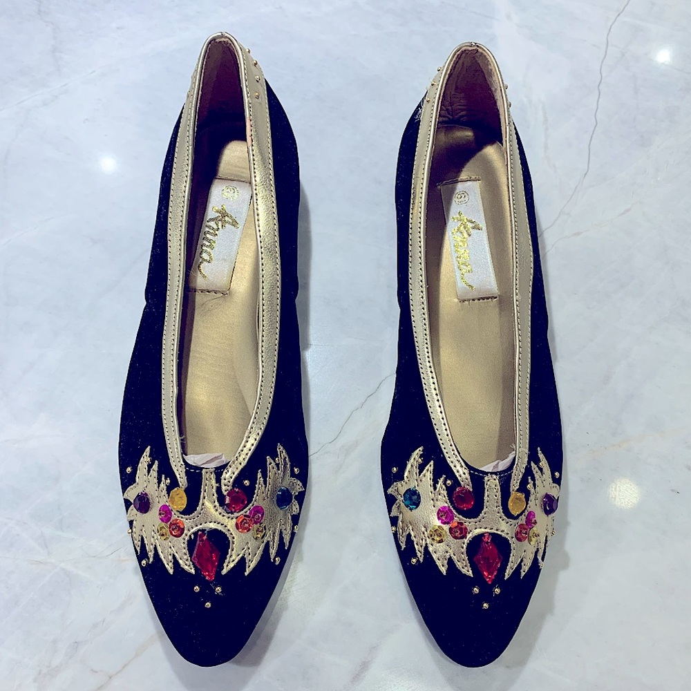 Black velvet flats with gems and gold accents size 6.5